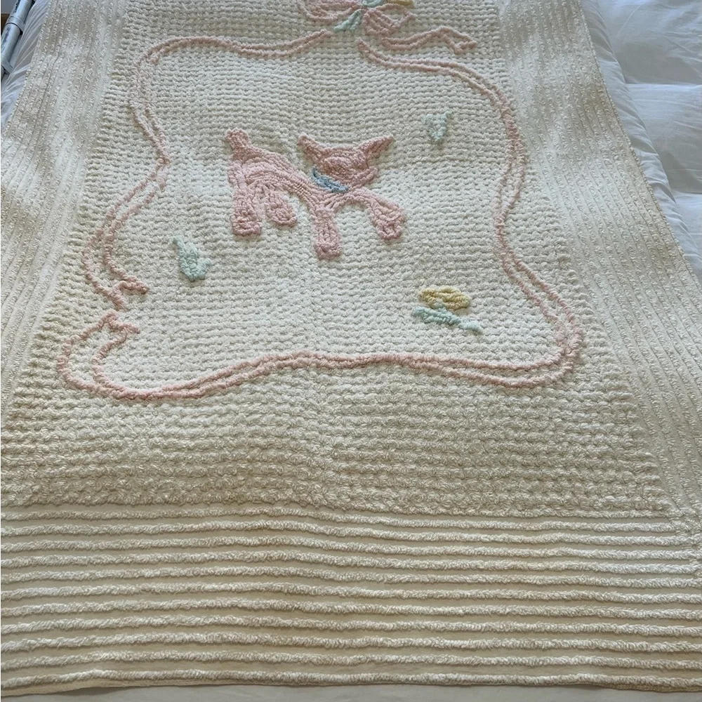 1950s Vintage Cotton Chenille Lamb Baby Blanket 62x39